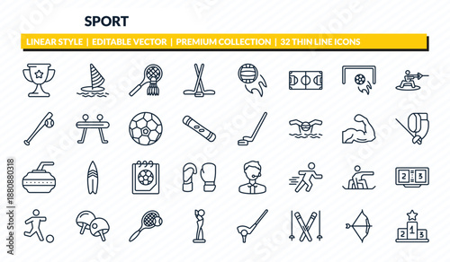 sport icons set - trophy, windsurf, badminton, archery, podium outline vector collection.
