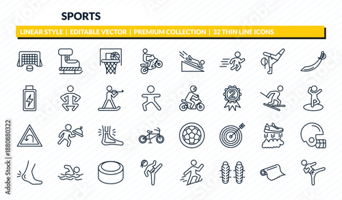 sports icons set - hockey goal, ski boots, basketball basket, foil, karate fighter outline vector collection.