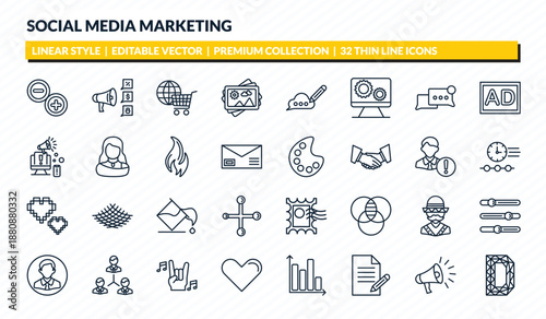 social media marketing icons set - pros and cons, promotion, ecommerce, marketing, letter color outline vector collection.