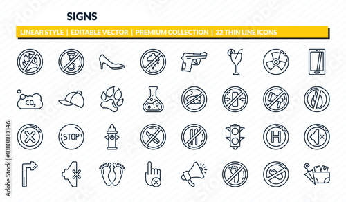 signs icons set - no pets, no hoist, high heels, no drugs, lost items outline vector collection.