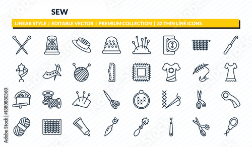 sew icons set - knitting neddles, sewing thimble, grommet, pinking shears, threader outline vector collection.