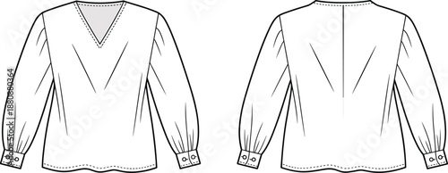 Technical fashion illustration of blouse design, front and back view, V-neck, pleated sleeves, sewing pattern, garment construction