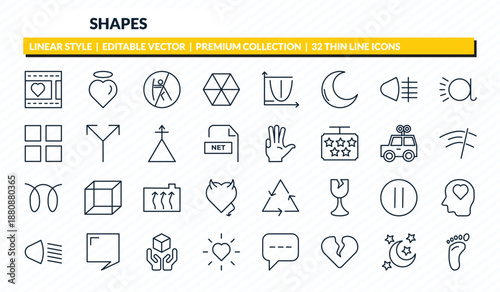 shapes icons set - film strip with heart, pure love, no push, moon and stars, human foot prints outline vector collection.