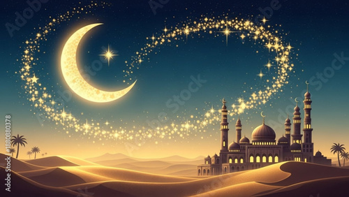 Enchanting crescent moon and sparkling stars illuminate a majestic mosque in a serene desert landscape evoking a sense of wonder and spirituality during a tranquil night scene