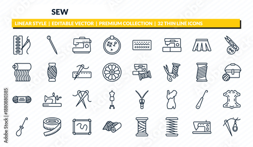 sew icons set - seam, pin sew, sewing hine, tailoring hine, threading outline vector collection.