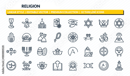 religion icons set - holy chalice, monk, christianity, asceticism, great buddha outline vector collection.