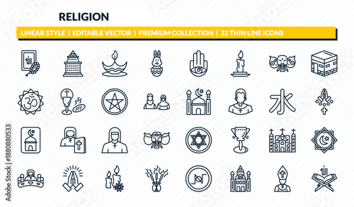 religion icons set - quran, doi suthep, diwali, pope, koran outline vector collection.