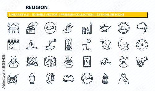 religion icons set - mosque and minaret, sadaqah charity, inclined fish, arabic lamp, hijab veil outline vector collection.