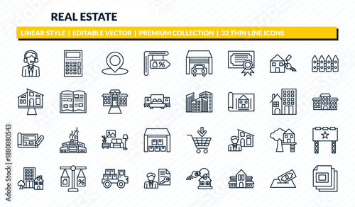 real estate icons set - agent, calculate, map location, deposit, slides outline vector collection.