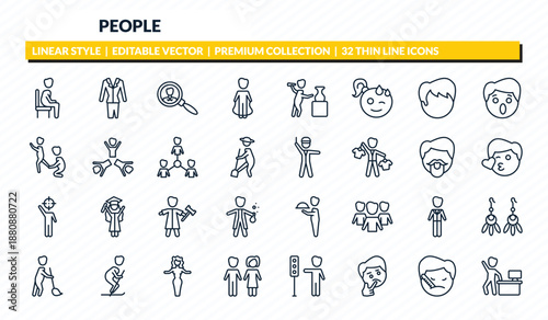 people icons set - sit down, women suit, recruit, sick smile, worker success outline vector collection.