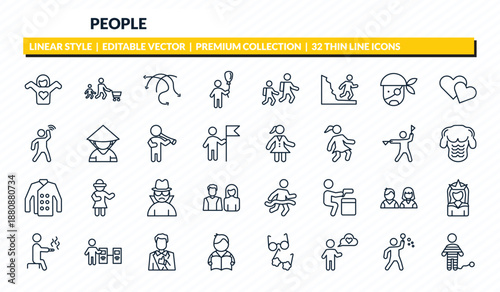 people icons set - getting dressed, father and son shopping, complex, man making soap bubbles, war prisioner outline vector collection.