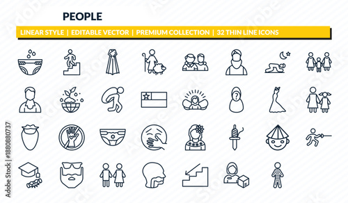 people icons set - baby diaper, walking downstairs, korean, delivery woman, hairy outline vector collection.