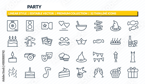 party icons set - dj playing records, big speaker, admission, cupcake with big cherry, giftbox with ribbon outline vector collection.