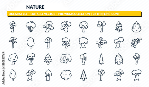 nature icons set - shagbark hickory tree, shadbush tree, bitternut hickory tree, eastern white pine white oak outline vector collection.