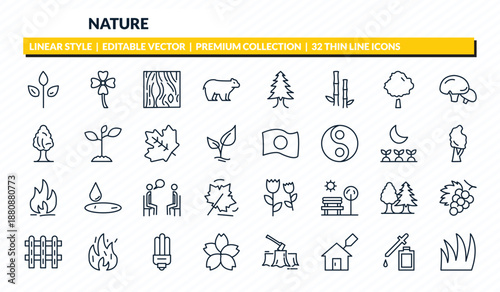 nature icons set - green, clovers, wood board, essence, grass leaves outline vector collection.