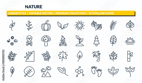 nature icons set - perfoliate, cypress leaf, farming, sassafras leaf, cuspicate outline vector collection.