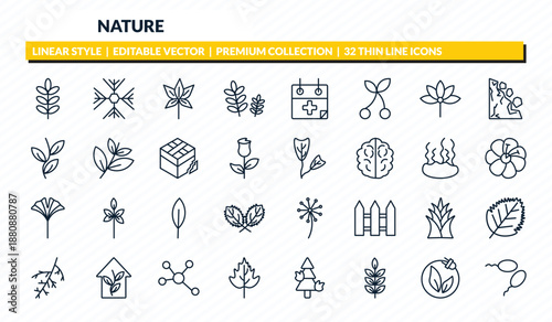 nature icons set - acacia, big snowflake, chestnut leaf, natural energy, fertilize clinic outline vector collection.
