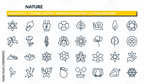 nature icons set - daffodil, calla, eco socket, oak, dahlia outline vector collection.