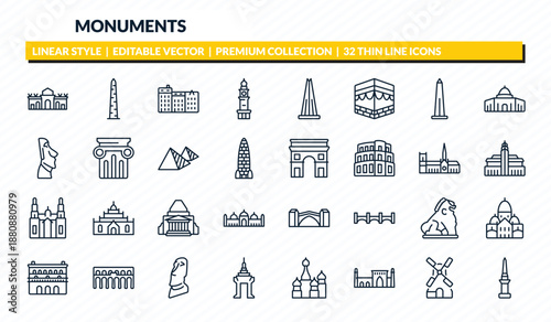 monuments icons set - alcala gate, walled obelisk, denmark, kinderdijk windmills, philippines outline vector collection.
