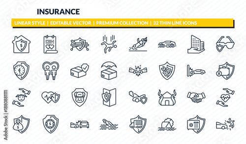 insurance icons set - replacement value, marriage contract, hospitalization, bank safe, accident outline vector collection.