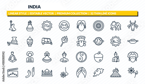 india icons set - hookah, tandoori, tamil language, yagna, lakshmi outline vector collection.