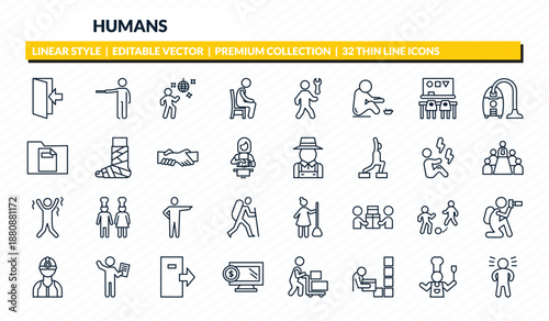 humans icons set - come in, showin, man dancing, kitchen chef, proud pose outline vector collection.