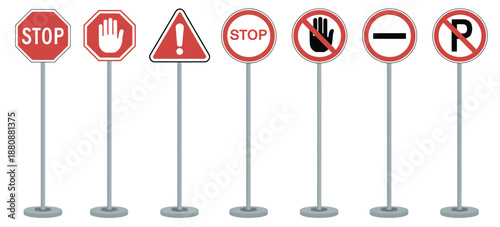 Traffic sign vector set featuring stop, warning, no entry, and no parking icons on poles, ideal for traffic management, road safety signage, transportation projects, and flat vector illustrations.