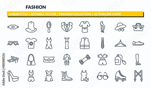 fashion icons set - gym belt, neck gaiter, mirrors, roller skater, suspenders outline vector collection.