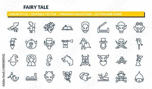 fairy tale icons set - gryphon, curupira, hydra, caribbean, troll outline vector collection.