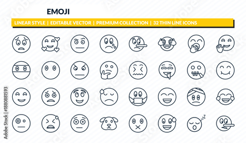 emoji icons set - worried emoji, love emoji, suspect sleep liar outline vector collection.