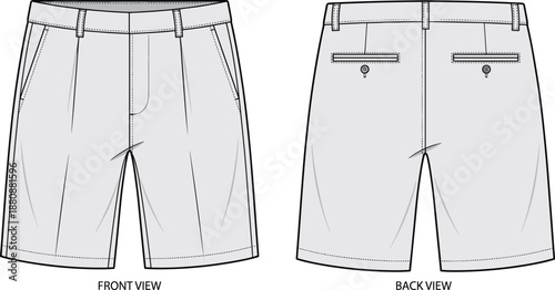 Tailored shorts design, belt loops, fly front, welt pockets, fashion sketch, garment blueprint, technical drawing, flat vector illustration