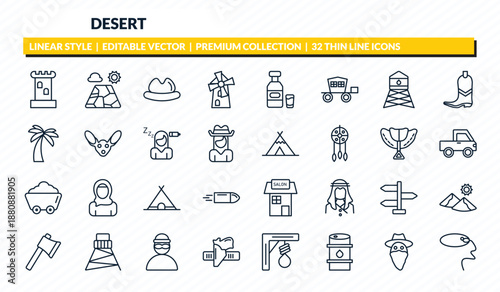 desert icons set - tower, salty desert, desert hat, outlaw, lasso outline vector collection.