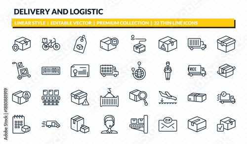 delivery and logistic icons set - logistic protection, delivery by bike, delivery tag, packages, package checking outline vector collection.