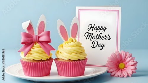 Easter cupcakes with bunny ears and happy mother's day card