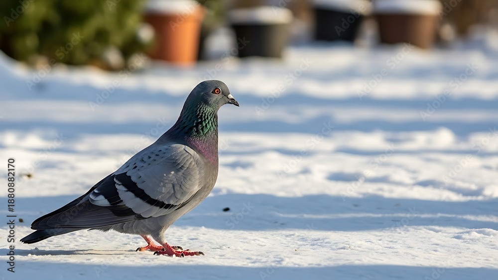 Obraz premium Pigeon standing on snow covered ground with blurred background pots bird animal wildlife nature desi