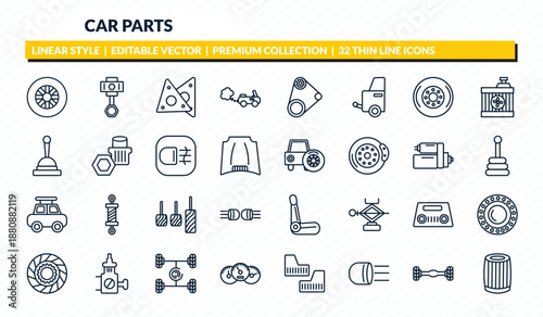 car parts icons set - car tyre, car cylinder, gasket, axle, oil filter outline vector collection.