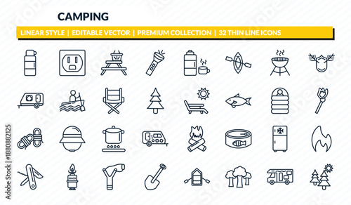 camping icons set - thermo, outlet, camp table, camper van, pines outline vector collection.