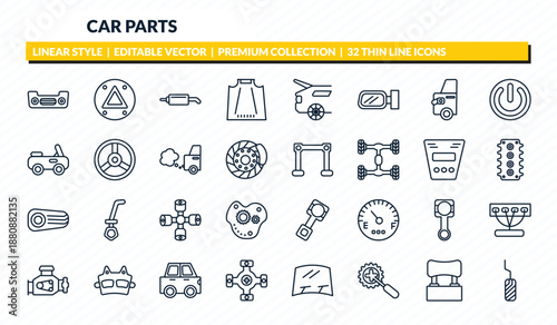 car parts icons set - car bumper, car hazard lights, silencer, headrest, pedal outline vector collection.