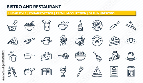 bistro and restaurant icons set - mortar with e, spaghetti bolognese, open tin with spoon, menu card, jar full of food outline vector collection.