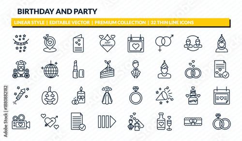 birthday and party icons set - birthday flag, wedding location, wedding letter, garter, marriage outline vector collection.