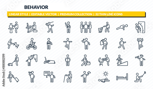 behavior icons set - man doing pottery, man typing, man throwing javelin, making the bed, selfie outline vector collection.