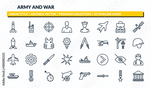 army and war icons set - missile, militar radio, gun shooting, militaty medal, federal agency outline vector collection.