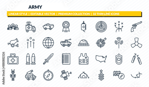 army icons set - militar, ambulance, military vehicle, map and compass, military strategy outline vector collection.