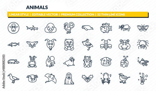 animals icons set - female sheep, hummerhead, snigir, sparrow, seaweed outline vector collection.