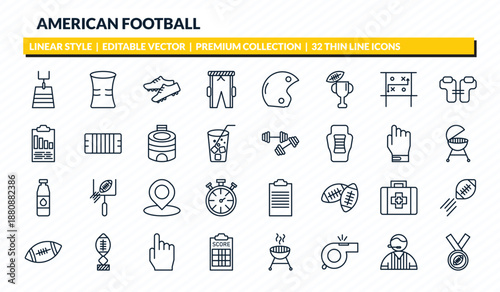 american football icons set - american football field, gaiters, cleats, referee, american football medal outline vector collection.