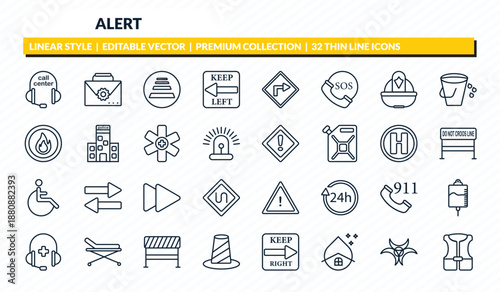 alert icons set - call center, kit, zebra crossing, biological hazard, life vest outline vector collection.