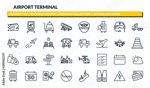 airport terminal icons set - two plane tickets, train to the airport, trolley with food, high voltage, two credit cards outline vector collection.