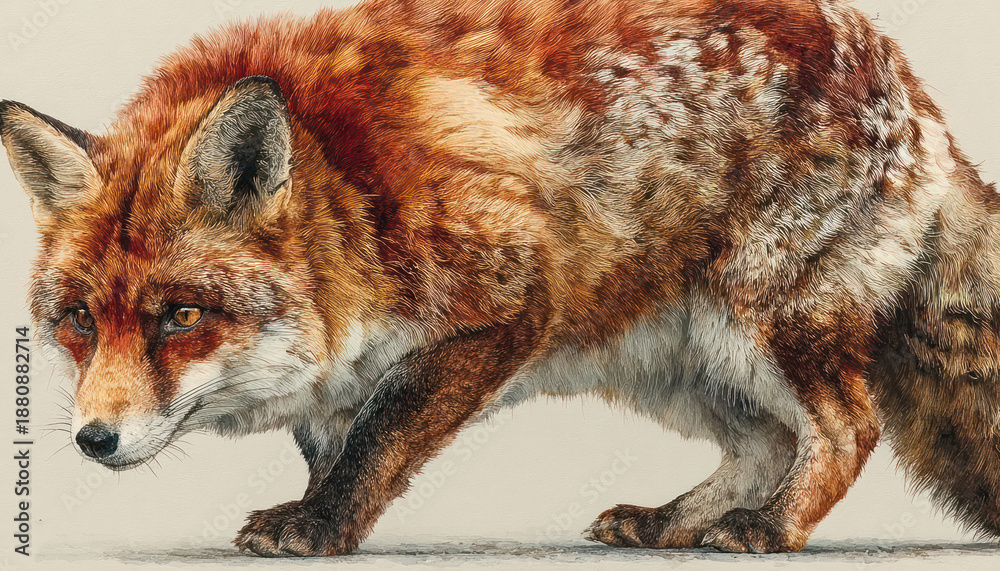 Fototapeta premium A detailed artistic depiction of a red fox in motion against a light, neutral background.