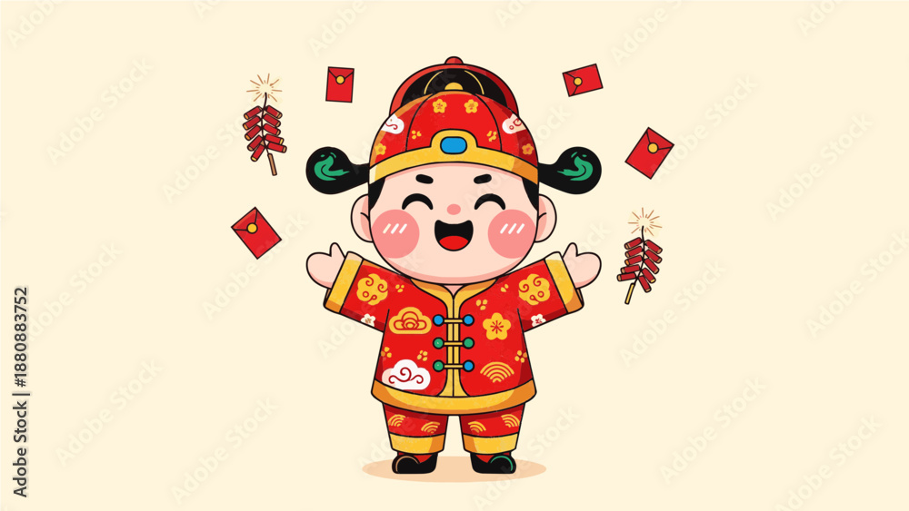 Fototapeta premium Cute Chinese Boy Character Celebrating Lunar New Year with Red Envelope and Falling Firecrackers Illustration