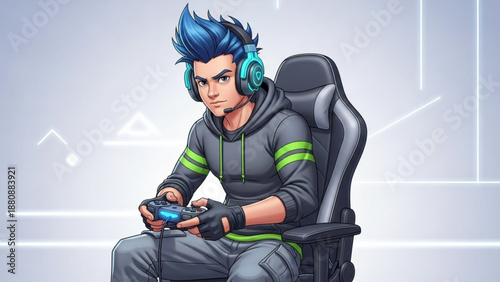 Esports Gamer Playing Video Games with Controller in Gaming Chair, Cartoon Vector Illustration